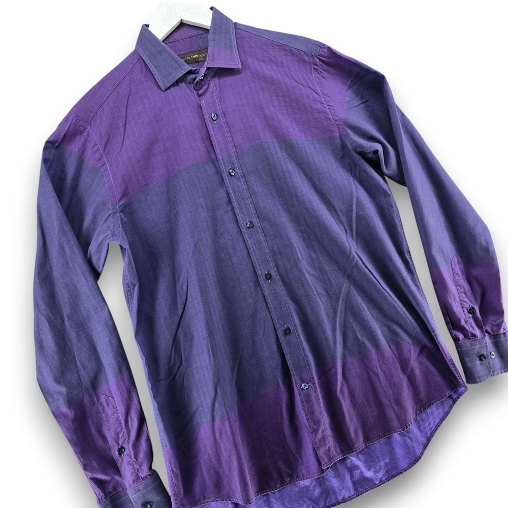 Etro Mens Button Up Shirt Size 40 Purple Colorblock Herringbone Cotton Italy